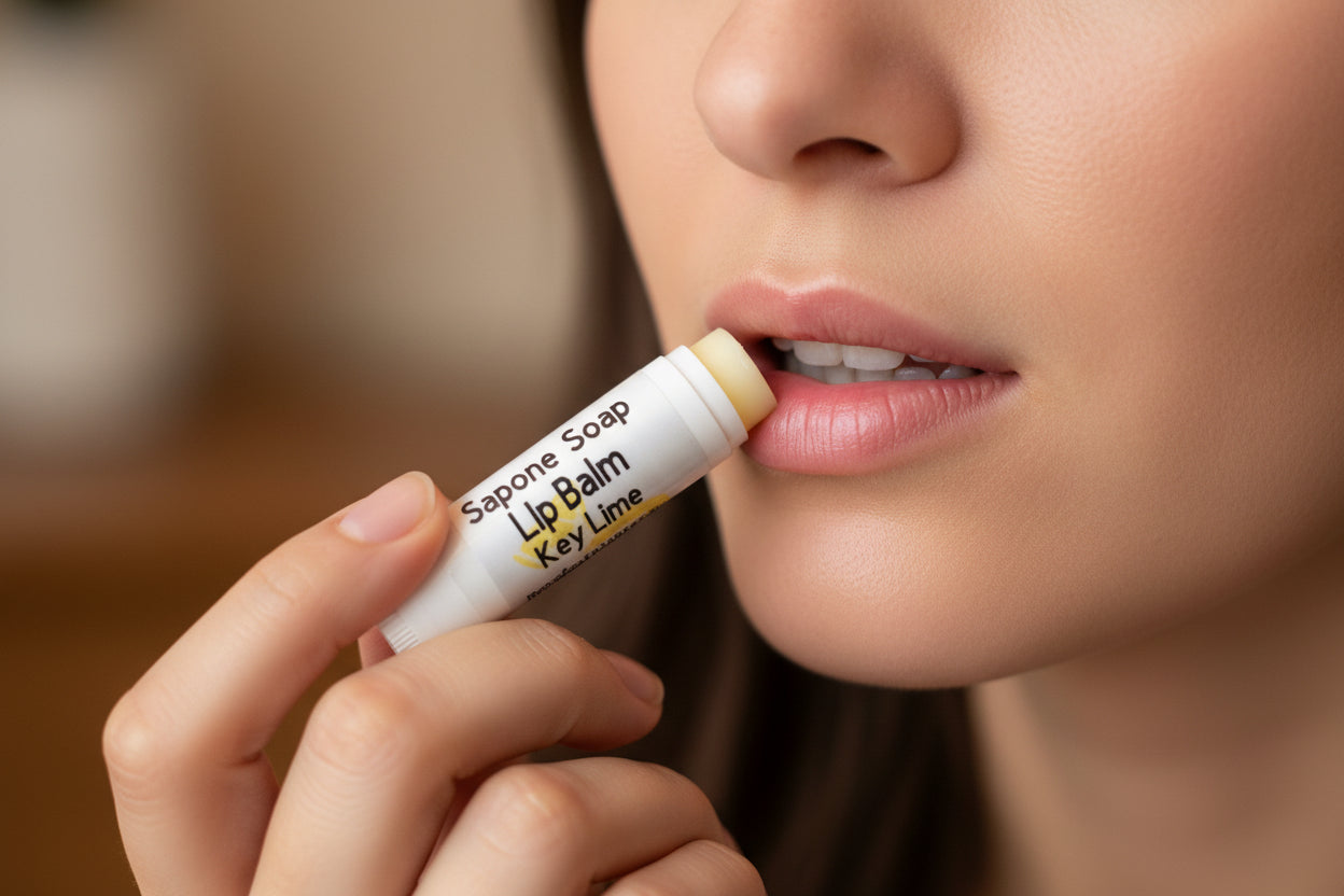 Lip balm tube labeled 'Sapone Soap Lip Balm Key Lime' on a wooden surface