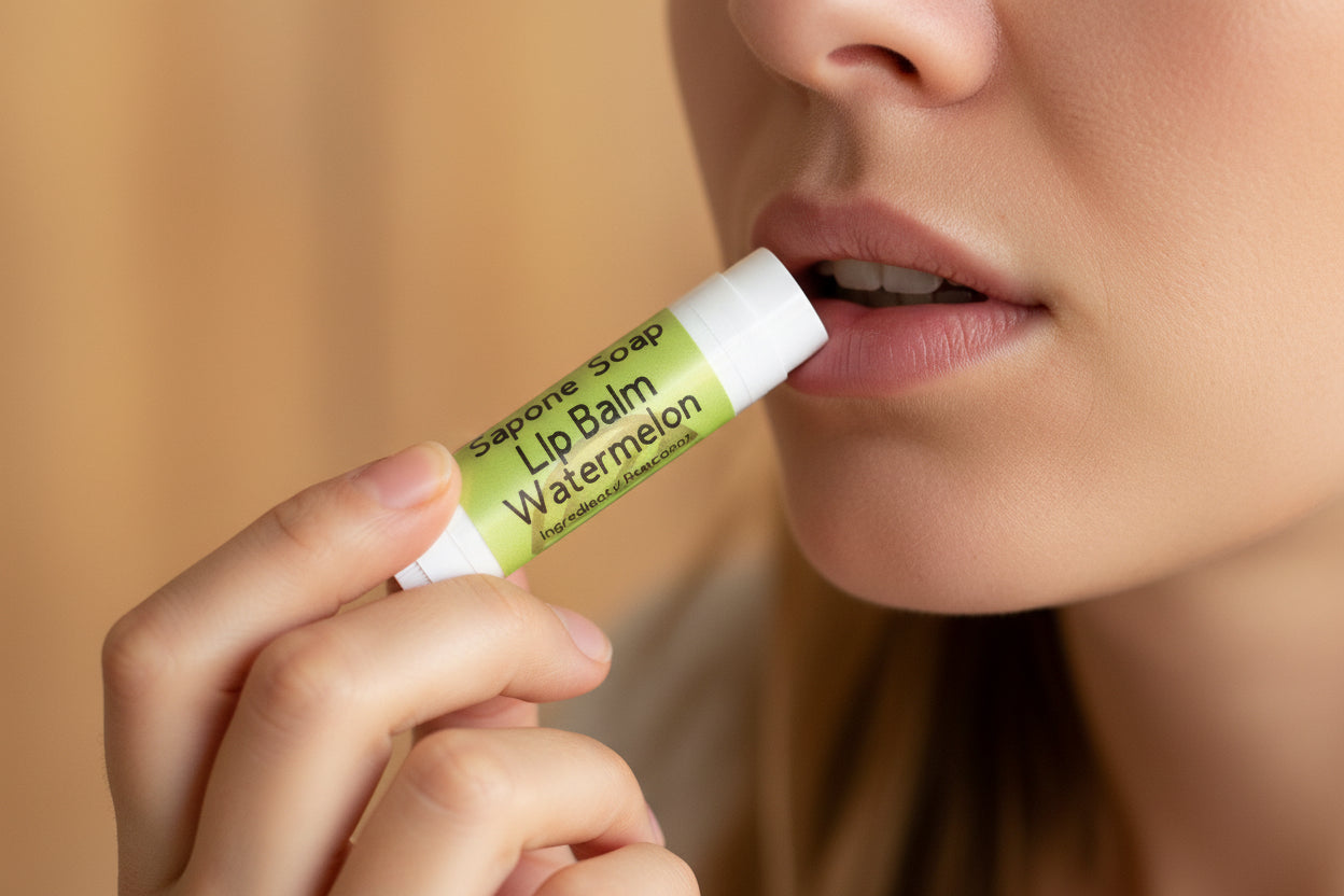 Lip balm stick labeled 'Sapone Soap Lip Balm Watermelon' on a wooden surface